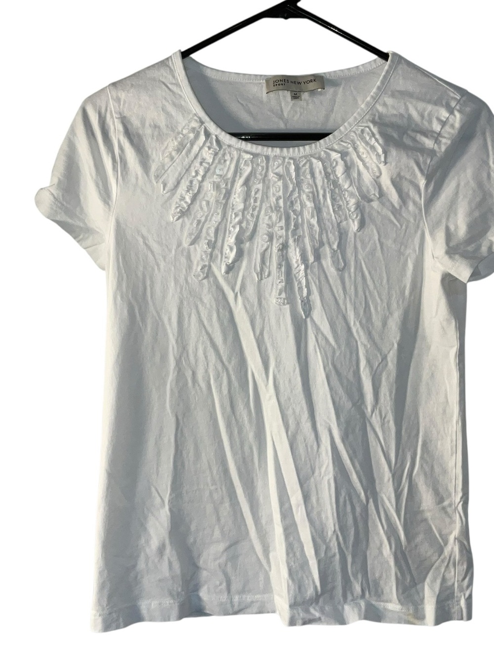 Jones New York White Short Sleeve Ruffle Yoke Tee Top